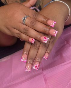 Nails Acrylic With Heart, Birthday Nail Designs Short, Pink Birthday Nail Designs, Acrylic Nail Designs Short, Nail Designs Short, Unique Acrylic Nail Designs, Pink Nails Acrylic, Wigs Styles, Birthday 16