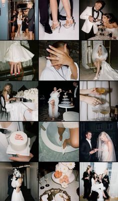 a collage of wedding pictures with bride and groom cutting the cake at their reception