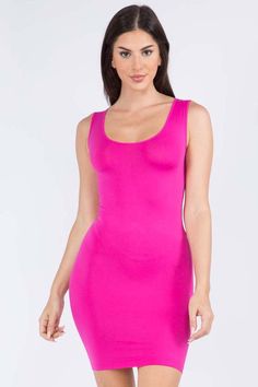 Women's Solid Seamless Traditional Tank Slip Dress.- Round Neckline- Sleeveless- Long Camisole- Mini Dress- Body Contouring- Figure Hugging- Solid Color- Comfortable- Super Soft- Stretchy- One Size Fits Most 0-14- One size Fits Most Plus 16-22- Approximately 28" L- 92% Nylon, 8% Spandex Seamless Stretch Sleeveless Mini Dress, Sleeveless Seamless Mini Dress, Solid Color Seamless Sleeveless Mini Dress, Seamless Solid Sleeveless Mini Dress, Sleeveless Seamless Mini Dress For Spring, Sleeveless Stretch Seamless Dress, Solid Camisole Dress With Seamless Design, Solid Seamless Camisole Dress, Pink Stretch Scoop Neck Dress