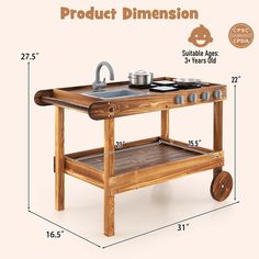 an image of a wooden kitchen cart with sink and pot on it's side