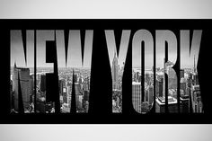 the word new york written in black and white on top of a cityscape