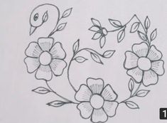 a drawing of flowers and a bird on a white paper with the words, how to draw