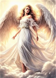 an angel is standing in the clouds with her wings spread