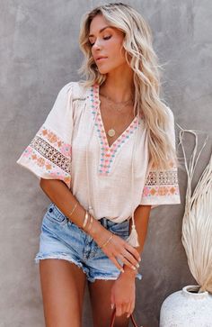 tassel drawstring embroidered half sleeve beige loose top. *Fits big.* Embroidered Cotton Top, Blue Tassel, V Neck Top, Distressed Denim Shorts, Women Shirts Blouse, Embroidered Top, Embroidered Design, Outfits Casuales, Half Sleeve