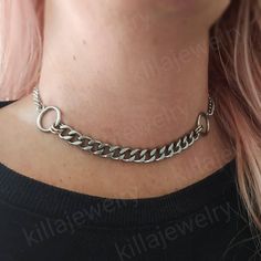 Super trendy punk style chunky chain choker necklace in silver! Thick curb chain and O ring choker necklace. Chunky yet lightweight and super comfortable to wear! Made of stainless steel so will not tarnish or discolour. Available in 2 sizes: Small: ( shown in photographs) measures 12.5 inches and comes with a 3 inch extension chain  Medium: Measures 14.5 inches and comes with a 3 inch extension chain  Please note this necklace is best worn as a tight fit. Please don't hesitate to contact me wit Metal Curb Chain Necklace For Streetwear, Chunky Chain Stainless Steel Jewelry For Streetwear, Trendy Metal Curb Chain Jewelry, Trendy Metal Jewelry For Streetwear, Trendy Streetwear Jewelry Chain, Trendy Streetwear Chain Jewelry, Metal Curb Chain Jewelry For Streetwear, Fashion Metal Curb Chain Jewelry, Streetwear Metal Jewelry With Curb Chain