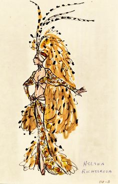 a drawing of a woman with feathers on her head and arms, holding a stick