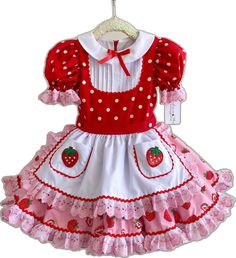 Sweet Summer Dresses For Costume Party, Sweet Fitted Dress For Costume Party, Playful Red Party Dress, Playful Red Dresses For Costume Party, Playful Fitted Red Dress, Sweet Red Short Sleeve Dress, Cute Strawberry Print Dresses For Garden Party, Fun Red Ruffled Dress, Cute Fitted Dress With Strawberry Print