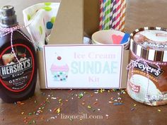 an ice cream sundae kit sits on a table