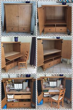 several pictures of different types of furniture including a desk, chair and bookshelf