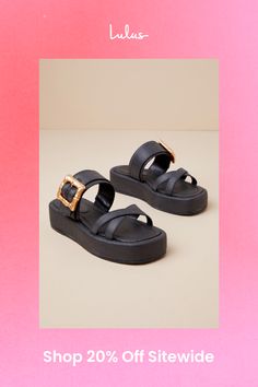 When you want to make a chic impression this season, you'll always reach for the Schutz Lola Black Buckle Flatform Slide Sandals! These summery, woven straw sandals boast a squared toe bed, slender crisscrossing toe-straps, and a wide, adjustable vamp strap that secures with a chunky, gold bamboo-inspired buckle. The 1.5"" flatform sole lends a trendy touch, while the effortless slide-on design allows for simple styling! 1. 5" flatform sole. Flat insole. Rubber sole has nonskid markings. Man mad Chic Vacation Sandals With Square Toe, Chic Square Toe Sandals For Vacation, Modern Square Toe Beach Sandals, Trendy Square Toe Beach Sandals, Straw Sandals, Lulu Fashion, Flatform Sandals, Personal Marketing, Slide Sandals