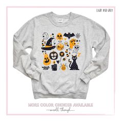 Our graphic sweatshirts are very soft, very cute and bound to keep you warm in the colder months. It's a pre-shrunk, classic fit sweater made with air-jet spun yarn for a soft feel. ► SHIRT DETAILS The sweatshirt is UNISEX sized - they are meant to have a baggy fit so if you would like it to be more tight, it is recommended to order a size down. * 8.0 oz., 50/50 cotton/polyester * Pre-shrunk * Classic fit * Reduced pilling and softer air-jet spun yarn * 1x1 athletic rib knit collar, cuffs and wa Halloween Doodles, Witch Pumpkin, Sweater Plus Size, Sweater Plus, Pumpkin Sweatshirts, Retro Sweater, Sweatshirt Halloween, Mama Sweatshirt, Cute Sweatshirts