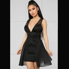 Fit And Flare Mini Dress, Deep V Neck, Padded Built In Bra Black Sheer V-neck Midi Dress, Sheer V-neck Mini Dress For Date Night, Sheer V-neck Mini Dress For Night Out, Spring V-neck Mesh Dress For Night Out, V-neck Mesh Dress For Night Out, V-neck Mesh Dress For Spring Night Out, Fit And Flare Mini Dress, Summer Cocktail Dress, All Black Dresses