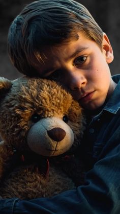 a young boy is hugging a teddy bear