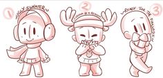 three different poses of a cartoon character with various facial expressions, including the headgear and