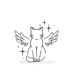 a black and white cat with angel wings on it's back, sitting in front of