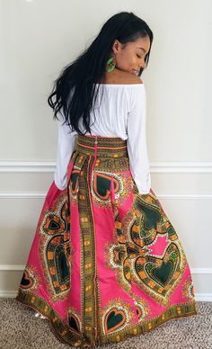 "*African Print Dashiki maxi skirt *Maxi length of 46 inches *3 inches thick waistband *Perfectly pleated waist *Two side pockets *Zipper closure at the back S I Z E C H A R T XS: Waist 25\" - 26\" S: Waist 28\" - 30\" M: Waist 31\"- 32\" L : Waist 33\" - 34\" XL: Waist 35\" - 36\" XXL: Waist 37\" - 39\" 3XL: Waist 40\" - 42\" 4XL Waist 43 - 46 PROCESSING TIME: 1 - 3 days Kindly note that due to variations in computer monitors, tablets, and/or mobile device settings, actual fabric colors may sli Non-stretch Long Pink Skirt, High Waist Pink Pleated Maxi Skirt, Fitted Pink Skirt For Festival, Pink Non-stretch Pleated Maxi Skirt, Non-stretch Pink Pleated Maxi Skirt, High Waist Pink Maxi Skirt Relaxed Fit, Pink Mini Skirt For Festival, High-waist Pink Lined Maxi Skirt, Pink Non-stretch Maxi Skirt