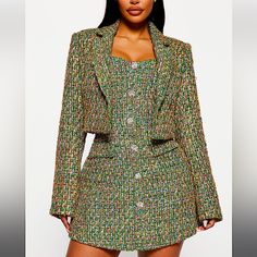 Fashion Nova Tanya Tweed Mini Dress W/ Cropped Jacket *Brand New* Never Been Worn Size: Xl Product Details: Tweed Mini Dress Tube Sweetheart Neckline Rhinestone Faux Button Front Faux Pockets A-Line Hidden Back Zipper Tweed Cropped Blazer Long Sleeve Lapel Fully Lined Non Stretch 100% Polyester Lining: 90% Polyester 10% Spandex Blazer Lining: 97% Polyester 3% Spandex Imported Fitted Green Tweed Dress For Fall, Green Tweed Spring Blazer, Spring Green Tweed Blazer, Green Tweed Dress For Workwear In Fall, Chic Green Tweed Dress For Spring, Tweed Outfits, Fashion Nova Black Dress, Tweed Fashion, Tweed Outfit