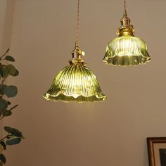 two green glass lamps hanging from a ceiling in a room with a potted plant