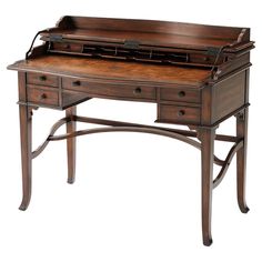 a wooden desk with two drawers and an open drawer