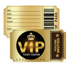 two tickets with gold foil on them and a barcode for the ticket coupon