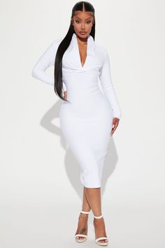 Fashion Nova Outfits Dresses, Short Dreadlocks, Dreadlocks Styles, Dress Outfits Party, Midi Dress Long Sleeve, White Fitted Dress, White Dress Outfit, Long Sleeve Bandage Dress, White Bandage Dress