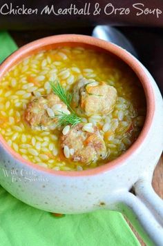 a bowl of chicken meatball and orzo soup