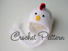 a crochet chicken hat with the word crochet pattern written below it