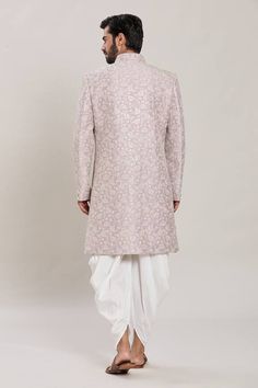 Pink full sleeves malai silk kurta with all over Gul embroidery using zari and sequin highlights. Paired with a white peshawari pant. - Aza Fashions Eid Party, Silk Kurta, Cocktail Reception, Luxury Sale, Pink Men, Silk Embroidery, Band Collar, Full Sleeves, Pants Pattern