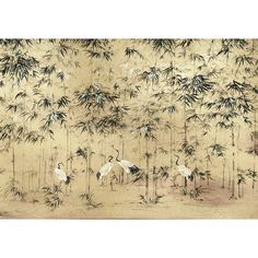 Elegant herons gather among tall bamboo shoots. Their white feathers contrast beautifully against a metallic gold background. Please note This mural is 4m in width and 2.8m in height. Seen here in the Gold colourway. Bamboo Wallpaper, Tapete Gold, 3d Wallpaper Mural, Chinoiserie Art, White Crane, Chinoiserie Design, Vintage Chinoiserie, Crane Bird, Bamboo Leaves