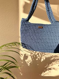 a blue bag hanging from the side of a wall next to a potted plant