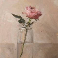 a painting of a pink rose in a glass vase