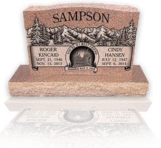 a granite headstone with the name sampson on it and mountains in the background