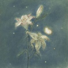 a painting of two flowers in front of a blue sky with the moon behind them