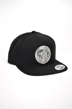 Silver Full Moon Snapback Hat -  Moonphase Camp Hat This black snapback hat features a large laser engraved faux leather patch with my hand drawn dot-work Moon design. The design is engraved into black faux leather revealing a shimmery metallic silver finish. This patch is attached to the snapback with a strong waterproof fabric glue. Snapback style with a classic green under-bill. Festival Snapback Hat With Flat Bill, Adjustable Flat Bill Snapback Hat For Festival, Black Adjustable Snapback Hat With Flat Crown, Adjustable Black Snapback Hat With Flat Crown, Adjustable Snapback Hat With Curved Brim For Festivals, Adjustable Snapback Baseball Cap For Festivals, Adjustable Baseball Cap For Festivals, Moon Crop Top, Sacred Geometry Clothing