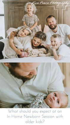 a man and two children laying on top of a bed with the caption in - home newborn session