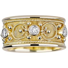 This S.Georgios design eternity band ring is handmade from solid 18 Karat Yellow Gold. The gorgeous band is microscopically decorated all the way around with gold wires, and Granulated details contrast with a unique Byzantine velvet background. The stunning ring features 6 Brilliant cut Diamonds total weight of 0.90 Carat, and we also make it in White and Rose gold, and with different stone selections, please contact us. This beautiful art piece is of outstanding workmanship and quality and is m Round Diamond Eternity Band, Sapphire And Diamond Band, Gold Diamond Band, Ringe Gold, Gold Band Ring, Brown Diamond, Diamond Rings Bands, Fabulous Jewelry, Eternity Band Diamond