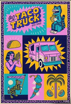 an advertisement for the taco truck festival in mexico, with images of people and animals