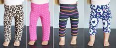 four dolls wearing leggings with different patterns on them