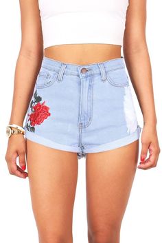 High waist denim shorts in a light vintage wash with a frayed, rolled-up hem and a beautiful embroidered rose on the side and distressing on the opposite side. Traditional 5 - pocket construction with zip fly and button closure. *Hand Wash Cold *97% Cotton 2% Polyester 1% Spandex *11"/28 cm Top to Bottom 1"/3 cm Inseam - Measured on a size M (Model is 5'5/wearing size S)*Refer to Bottoms Size Chart #1*Made in USA Guy Hair, Denim Shorts Outfit, Embroidered Denim Shorts, High Waist Denim Shorts, Embroidered Rose, Strip Steak, High Waist Denim, High Waist Shorts, Outfit Trends