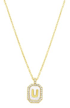 A textured pendant centered with mother-of-pearl and an initial is suspended from a dainty chain necklace and finished in warm 14-karat-gold plating. 16" length; 2" extender; 0.5"W x 0.75"L pendant 14k-gold plate/mother-of-pearl/glass crystal Imported Dainty Pearl Pendant Necklace With Initial, Anniversary Necklace With Pearl And Initial Pendant, Anniversary Necklaces With Pearl And Initial Pendant, White Necklace With Adjustable Chain For Mother's Day, Elegant White Initial Necklace With Pearl Pendant, Elegant White Initial Pendant Jewelry, Elegant White Pearl Necklace With Initial Pendant, White Pearl Heart Pendant Charm Necklace, White Initial Pendant Necklace With Delicate Chain