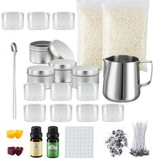 an assortment of kitchen items including sugar, measuring cups and spoons