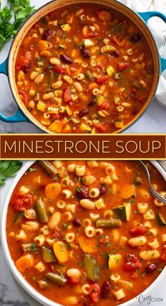 minestone soup in a blue pot with the title above it