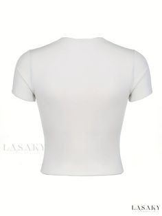 Lasaky - Womens Summer Casual Sports T-shirt with Fashion Strap Lace Stitching Design, Square Neck and Short Sleeves High Stretch White Crew Neck T-shirt, White High Stretch Crew Neck Crop Top, Fitted Solid Tops With Letter Print, Sporty Plain Tops For Summer, Sporty Plain Summer Tops, Plain Sporty Summer Tops, White Crew Neck Crop Top For Sports, White High Stretch Short Sleeve Crop Top, White High-stretch Short Sleeve Crop Top