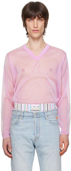 Semi-sheer polyester jersey T-shirt. Metallic thread detailing throughout. · Rib knit V-neck, hem, and cuffs · Logo embossed at front Supplier color: Metal pink