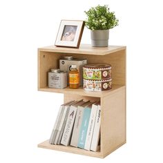 a wooden shelf with books and other items on it, next to a potted plant