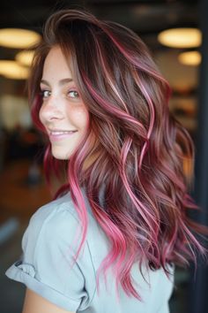 pink-hair-color-ideas Colourful Hair Dye Ideas, Pink And Dark Pink Hair, Blonde Hair With Red Violet Highlights, Pink Steak In Hair, Red Hair With Pink Peekaboos, Purple And Pink Ombre Hair, Bright Pink Highlights, Diy Pink Highlights Hair, Pink And Brown Hair Short