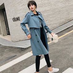 Brand Name: FitaylorStyle: StreetwearClothing Length: LongOrigin: CN(Origin)Season: Spring/AutumnClosure Type: Double BreastedSleeve Length(cm): FullGender: WOMENFabric Type: BroadclothMaterial: COTTONMaterial: SpandexOuterwear Type: TrenchDecoration: ButtonDecoration: PocketsDecoration: SashesPattern Type: SolidAge: Ages 18-35 Years OldModel Number: WJM190708bCollar: Turn-down CollarType: High Waist Casual Long Blue Outerwear, Trendy Blue Double-breasted Outerwear, Long Blue Outerwear For Spring, Blue Long Outerwear For Spring, Long Blue Spring Outerwear, Double Breasted Coat Women, Trench Coats Women Long, Slim Fit Crop Top, Slimmer Belt