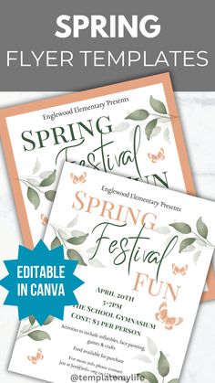 the spring festival flyer is shown in two different colors