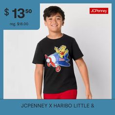 Part of the JCPenney x HARIBO limited-time collection, this little and big boy's graphic t-shirt is ready to take flight into his everyday style thanks to its comfortable feel and fit. Featuring the iconic Golden Bear at the front, it's made from soft, stretch, cotton-jersey with a crew neckline, and short sleeves.Features: Easy CareClosure Type: Pullover HeadFit: Classic FitNeckline: Crew NeckSleeve Length: Short SleeveApparel Length: 20 InchesFiber Content: 68% Cotton, 27% Polyester, 5% Spand… Black Short Sleeve T-shirt For Play, Casual Cartoon Print T-shirt For Playwear, Casual Character Print T-shirt For Play, Crew Neck T-shirt With Cartoon Print For Playwear, Crew Neck T-shirt With Cartoon Print For Play, Black Crew Neck Tops For Playwear, Black T-shirt With Graphic Print For Casual Wear, Black Short Sleeve T-shirt For Playwear, Black Short Sleeve Tops For Playwear