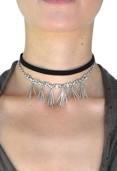 Rebekah Metal Fringe Choker Necklace Set Festival Fringe Choker Necklace, Fringe Choker Necklace For Festival, Adjustable Fringe Choker, Adjustable Silver Metal Choker, Silver Metal Choker With Adjustable Length, Trendy Silver Fringe Jewelry, Trendy Fringe Metal Jewelry, Festival Silver Fringe Jewelry, Adjustable Dangle Choker For Party